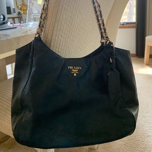 Prada Black Soft Calfskin Leather Chain Tote Bag